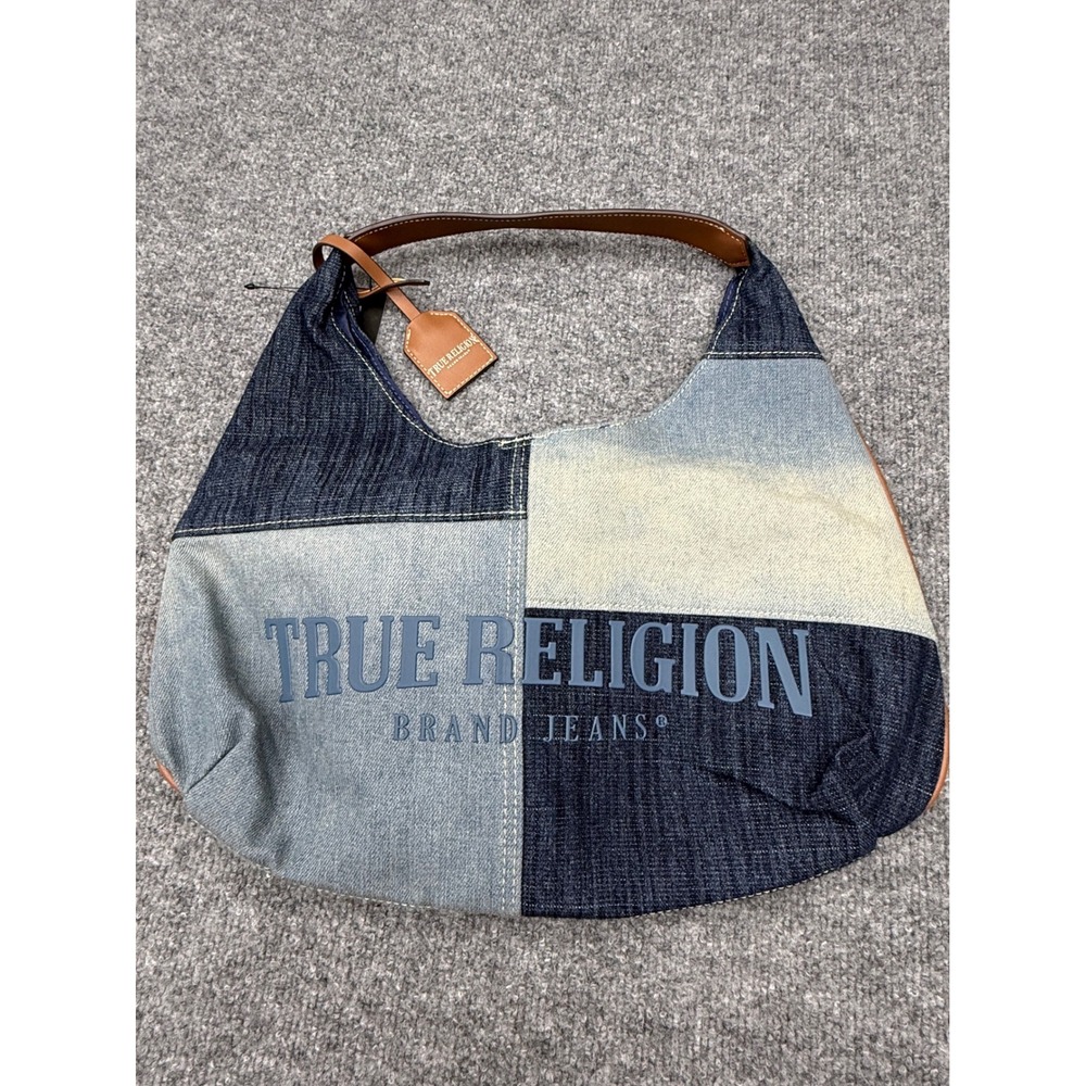 True Religion Denim Patchwork Hobo Bag Blue Y2K Slouchy Shoulder Bag Logo Buddha